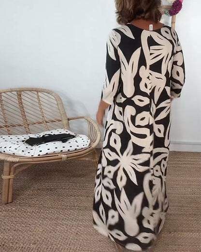 Damenkleid Rundhals Langärmlig mit farbigem Druck - IdealeKleiden