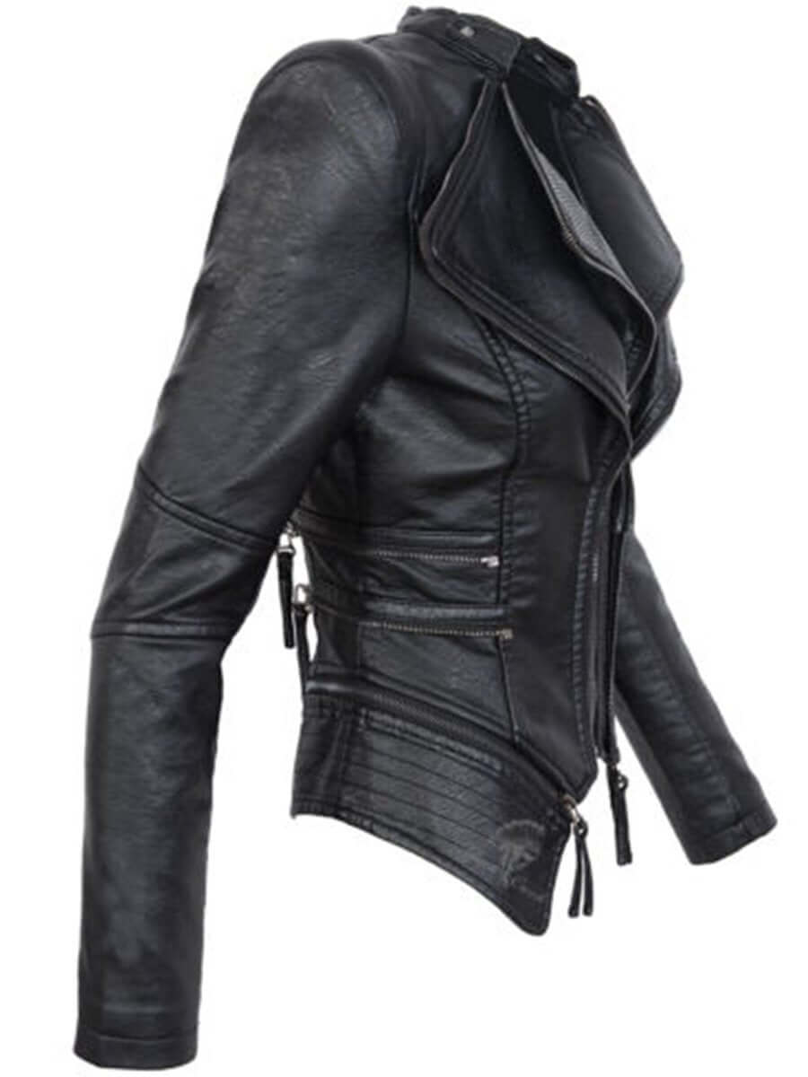 Damen Lederjacke Schwarz Asymmetrisch Biker Style - IdealeKleiden