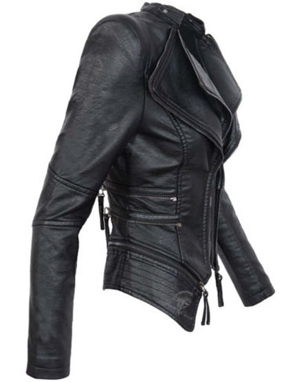 Damen Lederjacke Schwarz Asymmetrisch Biker Style - IdealeKleiden