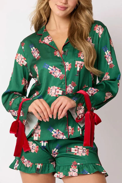Christmas Party Set | Printed Top with Bow Tie and Ruffle Shorts