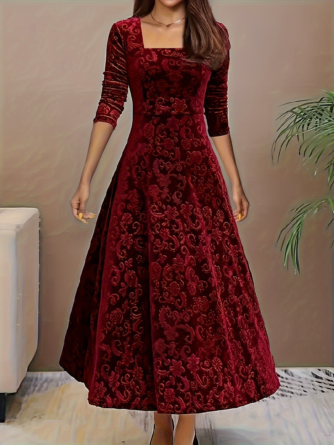 Elegantes Damenkleid Floralmuster Samt - IdealeKleiden