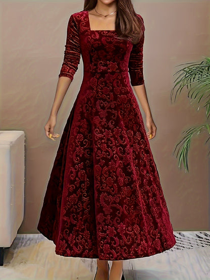 Elegantes Damenkleid Floralmuster Samt - IdealeKleiden