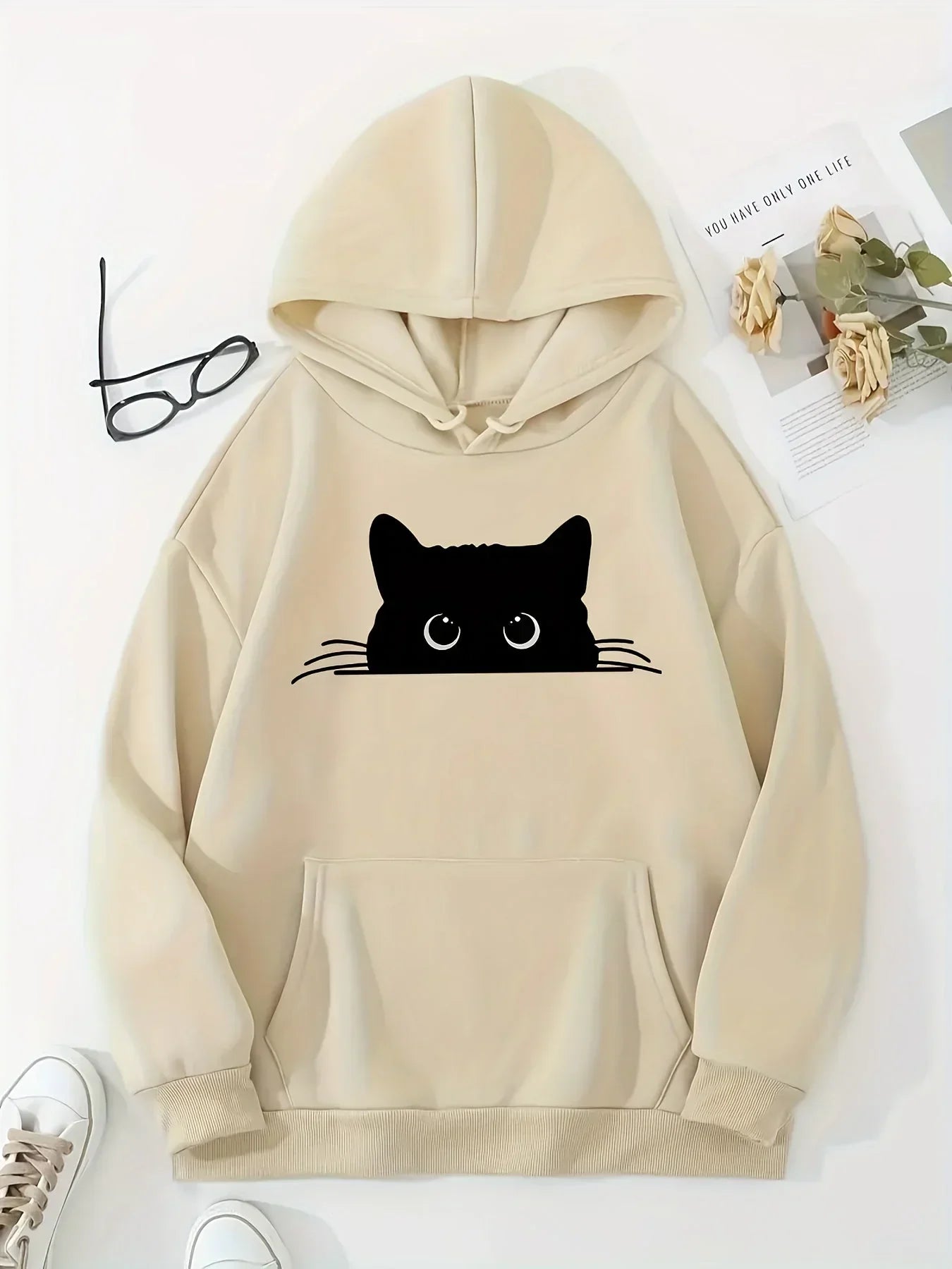Cuddly Hoodie Cat Motif Hood