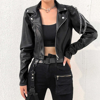 Fashionable Women's Slim Fit Metallic Style Leather Jacket