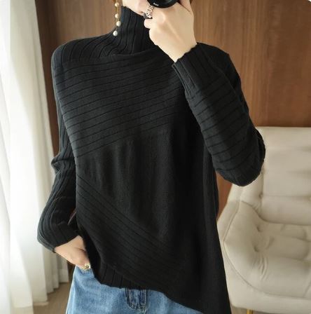Cozy Asymmetrical Sweater Ribbed Turtleneck Pullover