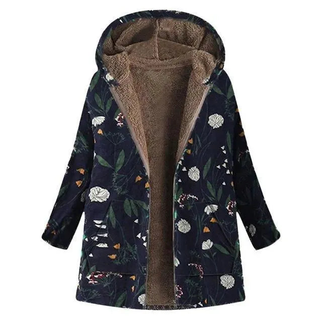 Stylish Winter Coat Plus Size Floral Print
