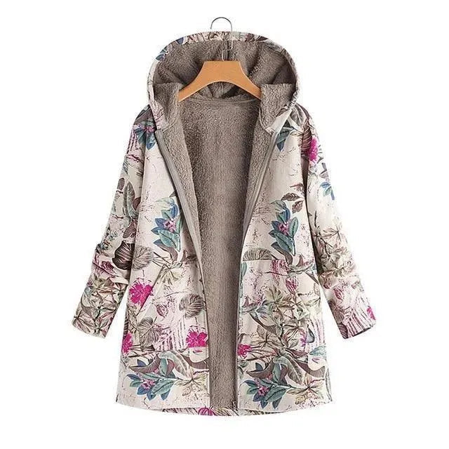 Stylish Winter Coat Plus Size Floral Print