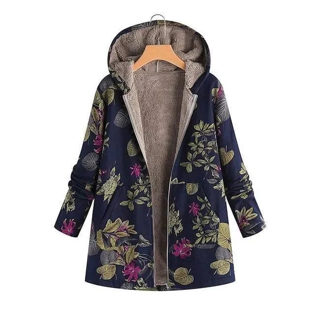 Stylish Winter Coat Plus Size Floral Print
