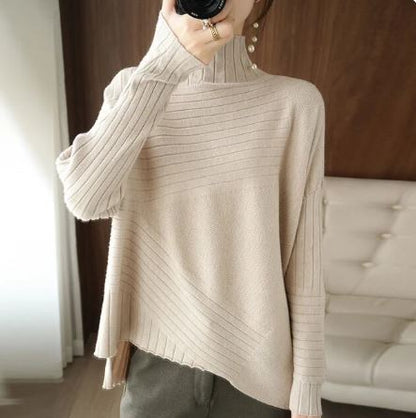 Cozy Asymmetrical Sweater Ribbed Turtleneck Pullover
