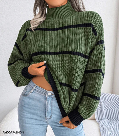 Women's Sweater Autumn Cozy Striped Turtleneck