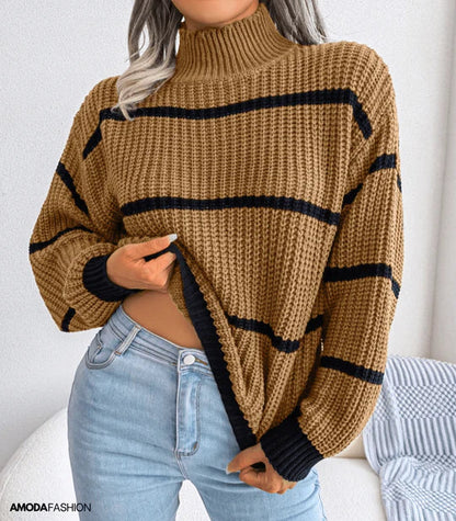 Striped Turtleneck Sweater Long Sleeve Warm