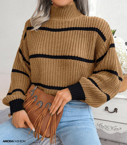 Women's Sweater Autumn Cozy Striped Turtleneck