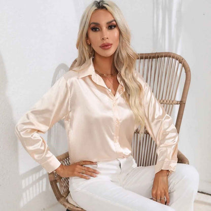 Elegante Satinbluse Glanz Effekt Damen Oberteil - IdealeKleiden