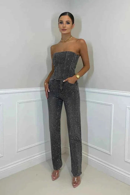 Glitter jumpsuit with delicate lace