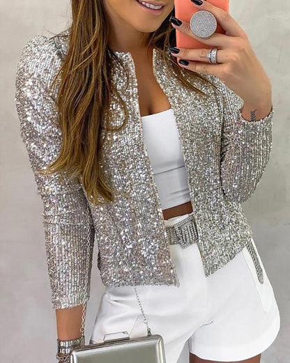 Women's Glitter Sequin Collarless Jacket