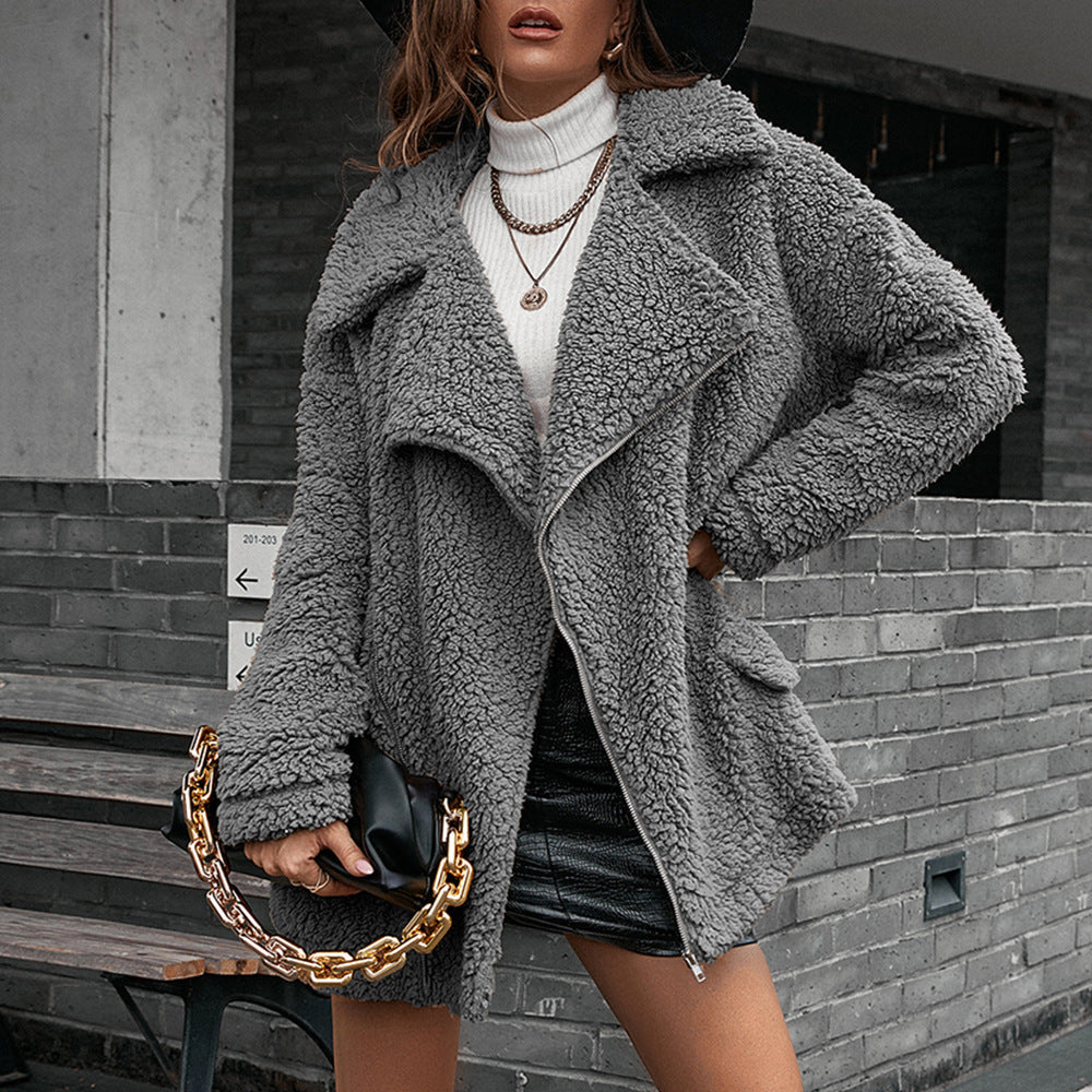 Women's Warm Sherpa Jacket with Lapel Collar
