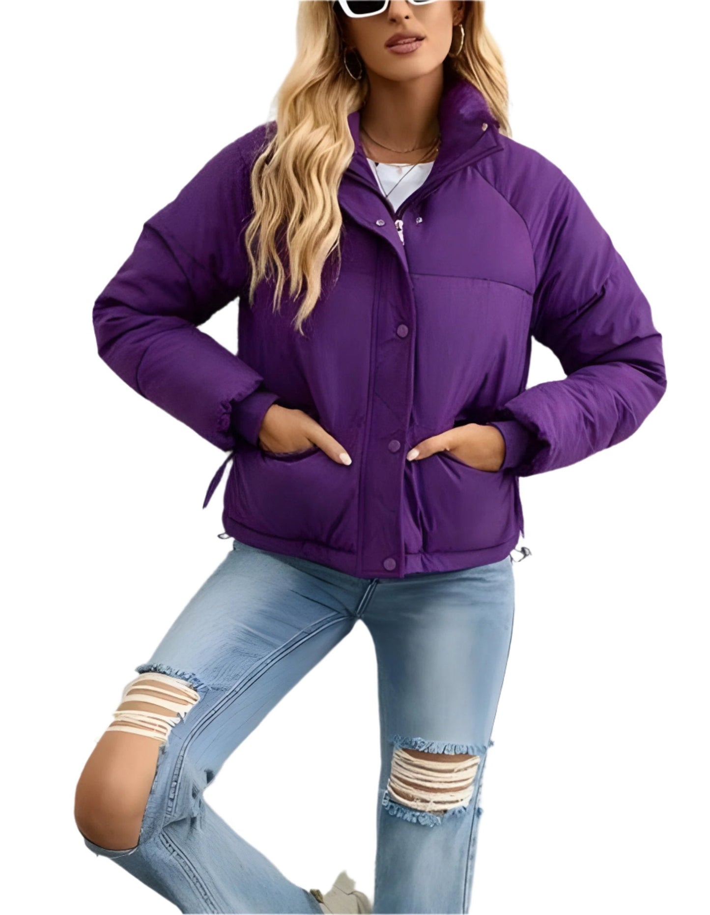 Women's Warm Puffer Jacket with Zipper and High Collar → Women's Warm Insulated Modern Winter Jacket