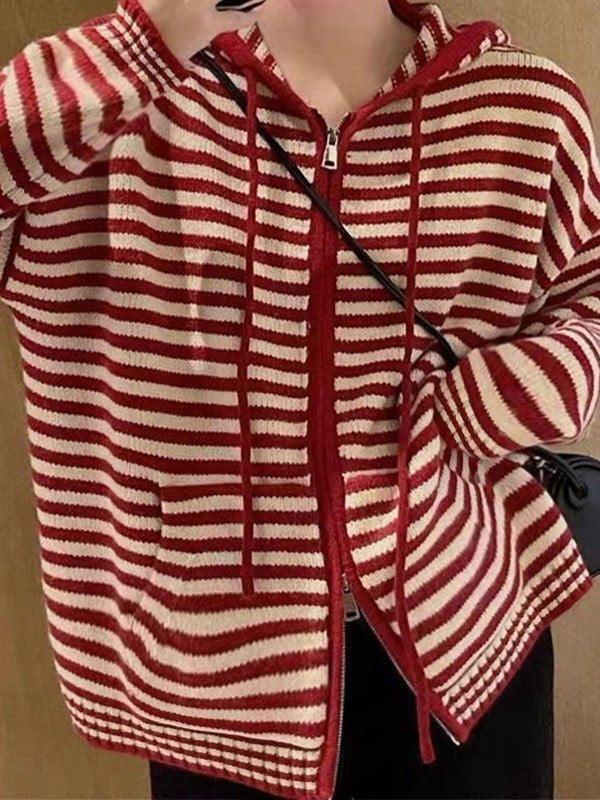 Comfortable Striped Jacket Hood Zipper