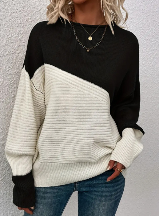 Damen Strickpullover Herbst Zweifarben Trendy - IdealeKleiden