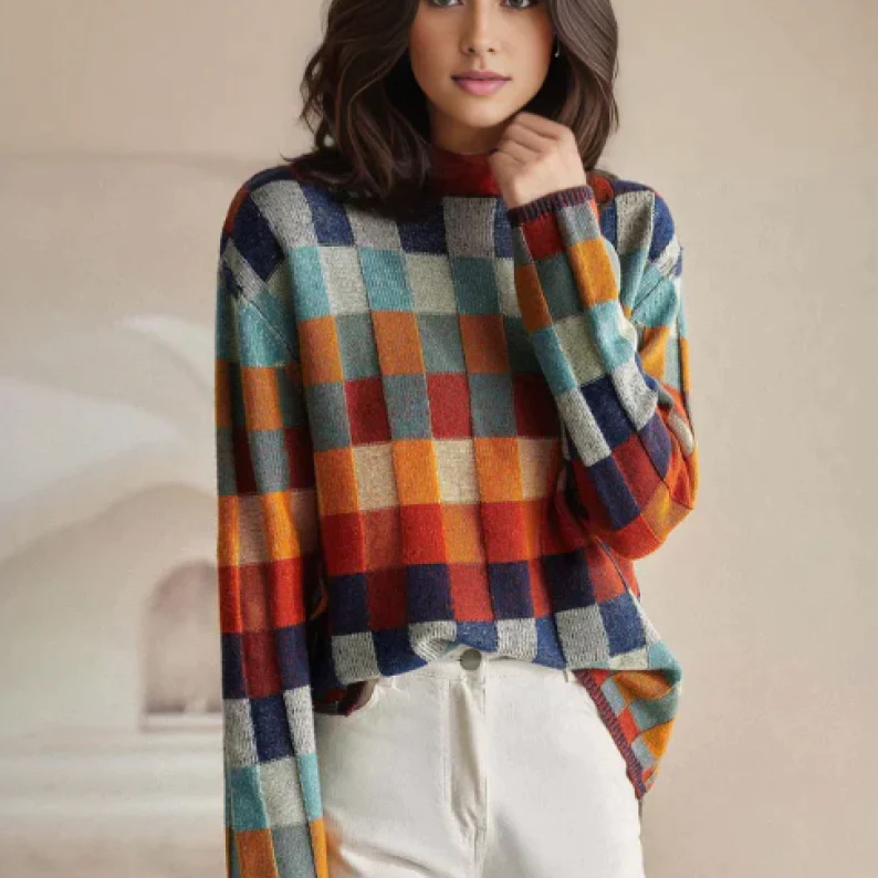 Cozy Turtleneck Sweater Patchwork Design