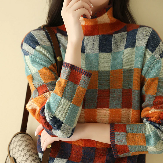 Gemütlicher Rollkragen Pullover Patchwork Design - IdealeKleiden