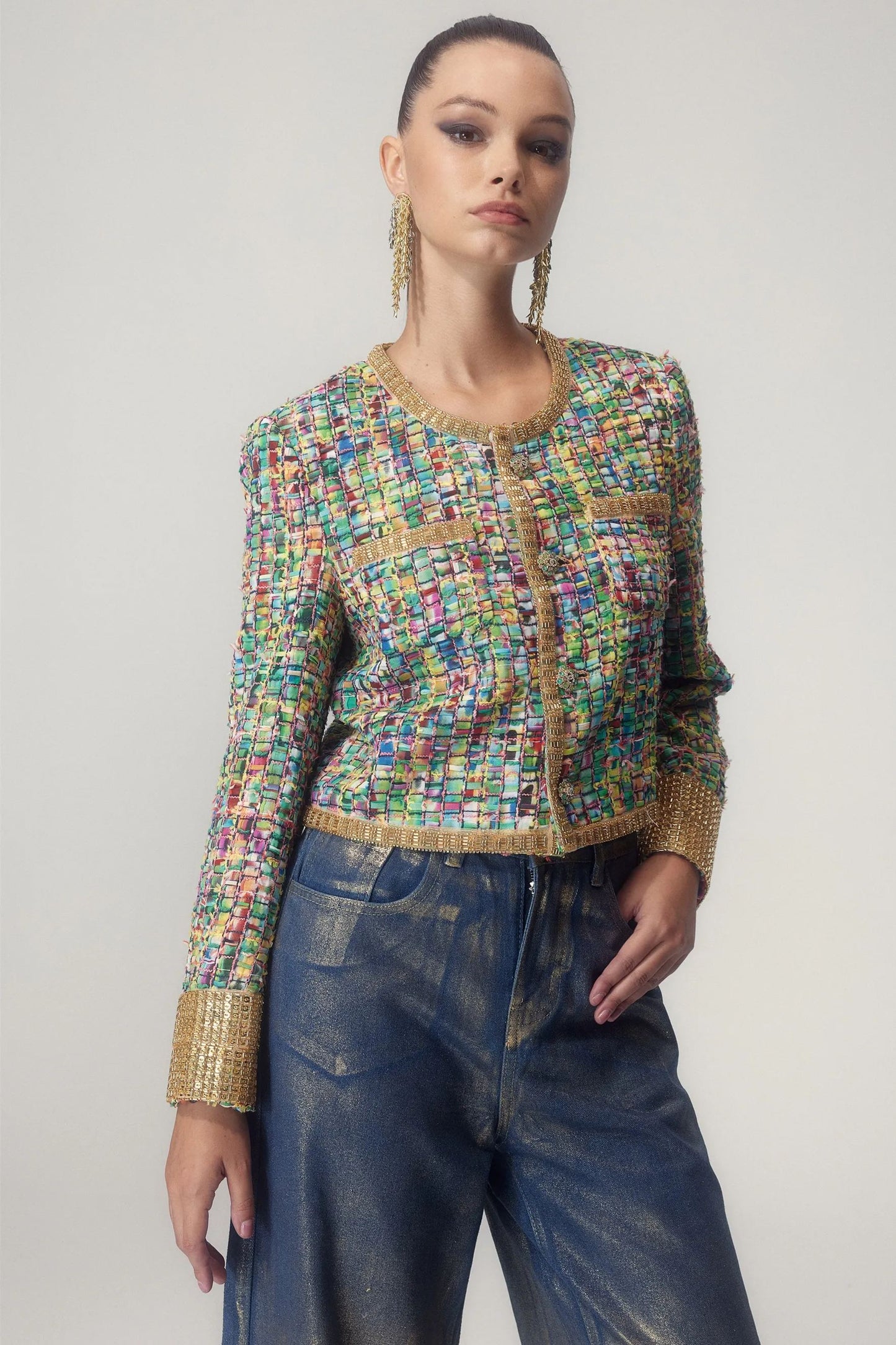 Stylish Printed Jacket with Pearls