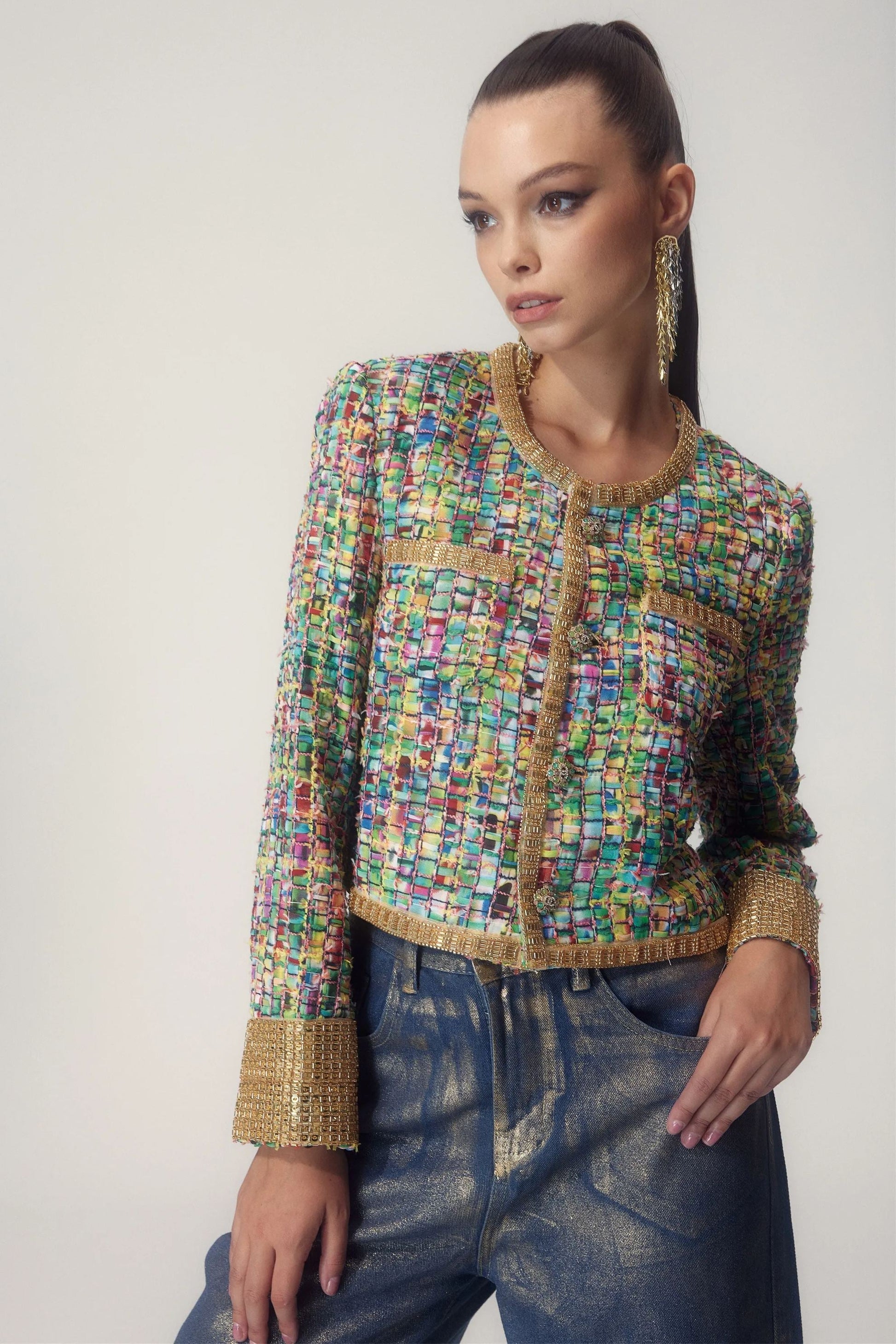 Stylische Bedruckte Jacke mit Perlen - IdealeKleiden