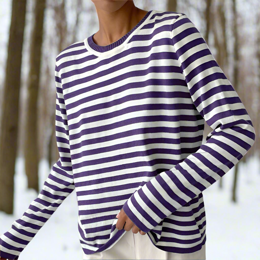 Comfortable Long-Sleeve Shirt Stripes Crew Neck Cotton