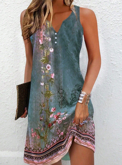 Women's Summer Dress with Floral Pattern and V-Neck