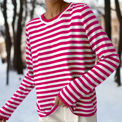 Comfortable Long-Sleeve Shirt Stripes Crew Neck Cotton