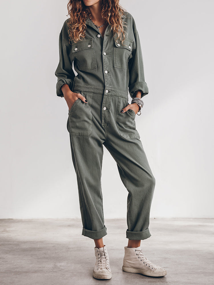 Practical Women's Jumpsuit with Long Sleeves and Pockets