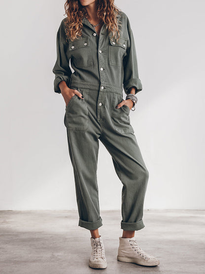 Practical Women's Jumpsuit with Long Sleeves and Pockets