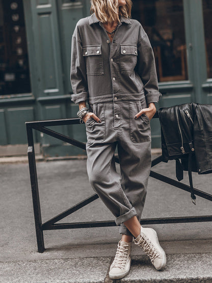 Practical Women's Jumpsuit with Long Sleeves and Pockets