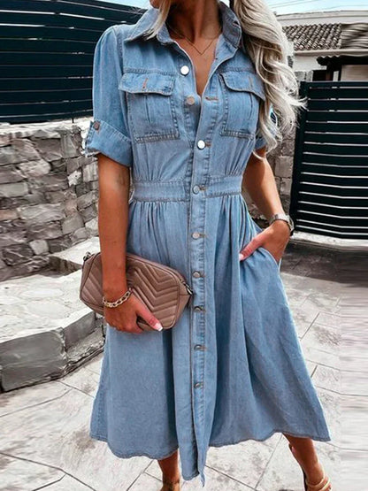 Fashionable women's denim dress with buttons
