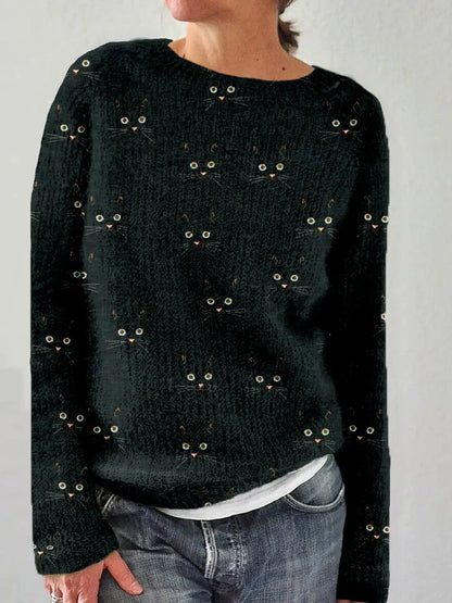 Cuddly Sweater Cat Cute Face Print Crew Neck