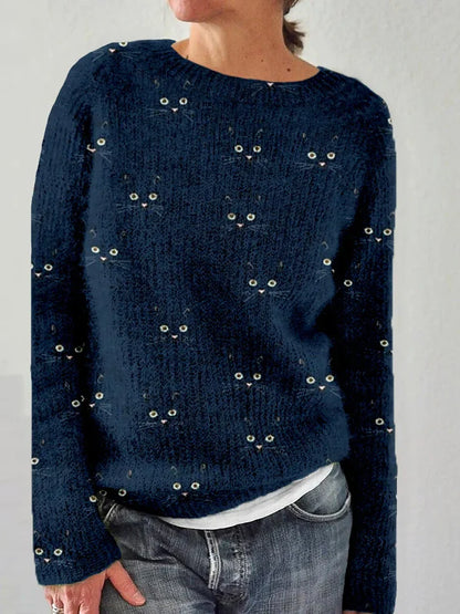 Cuddly Sweater Cat Cute Face Print Crew Neck