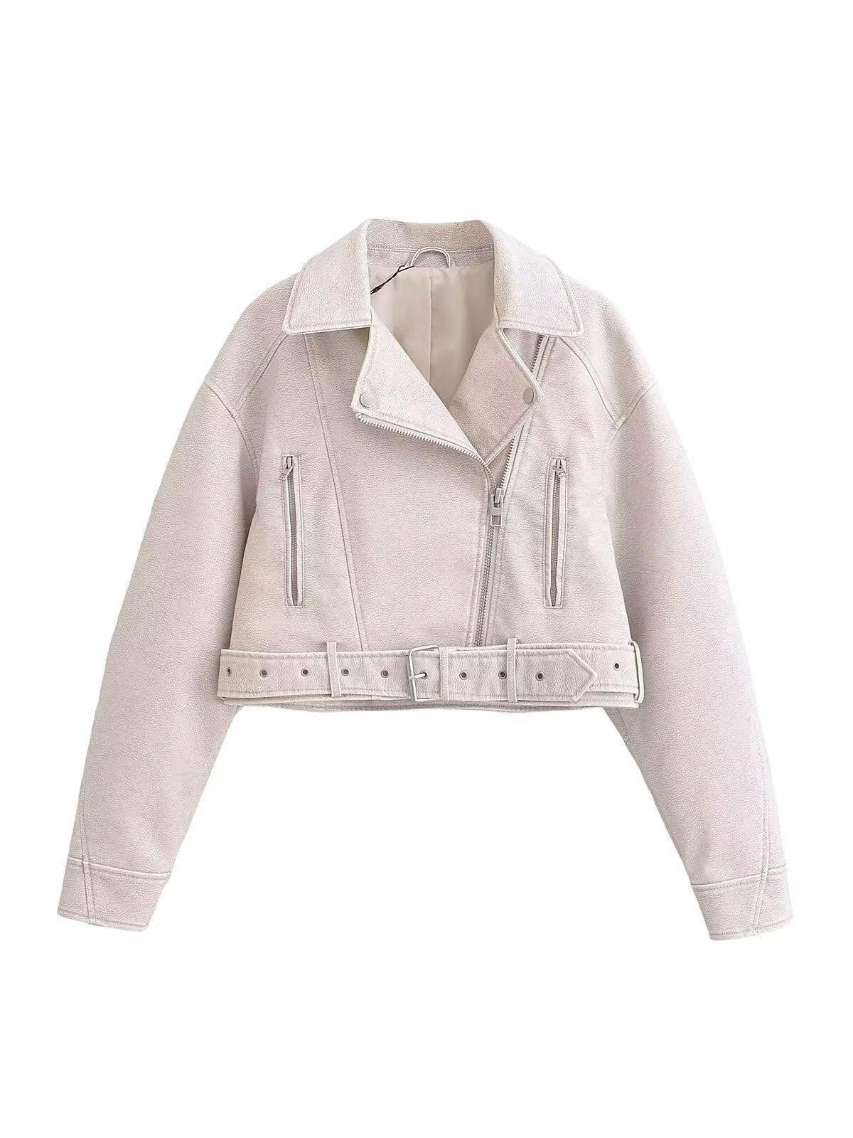 Leather jacket biker style short belt