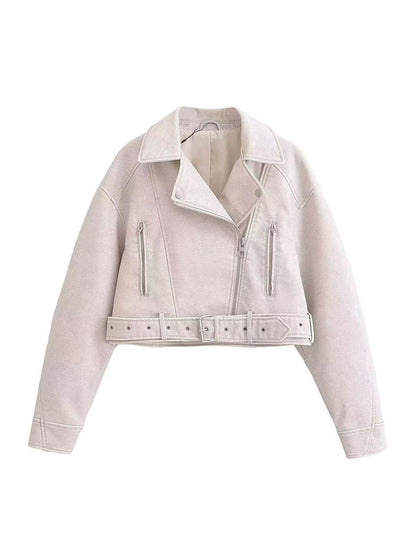 Leather jacket biker style short belt