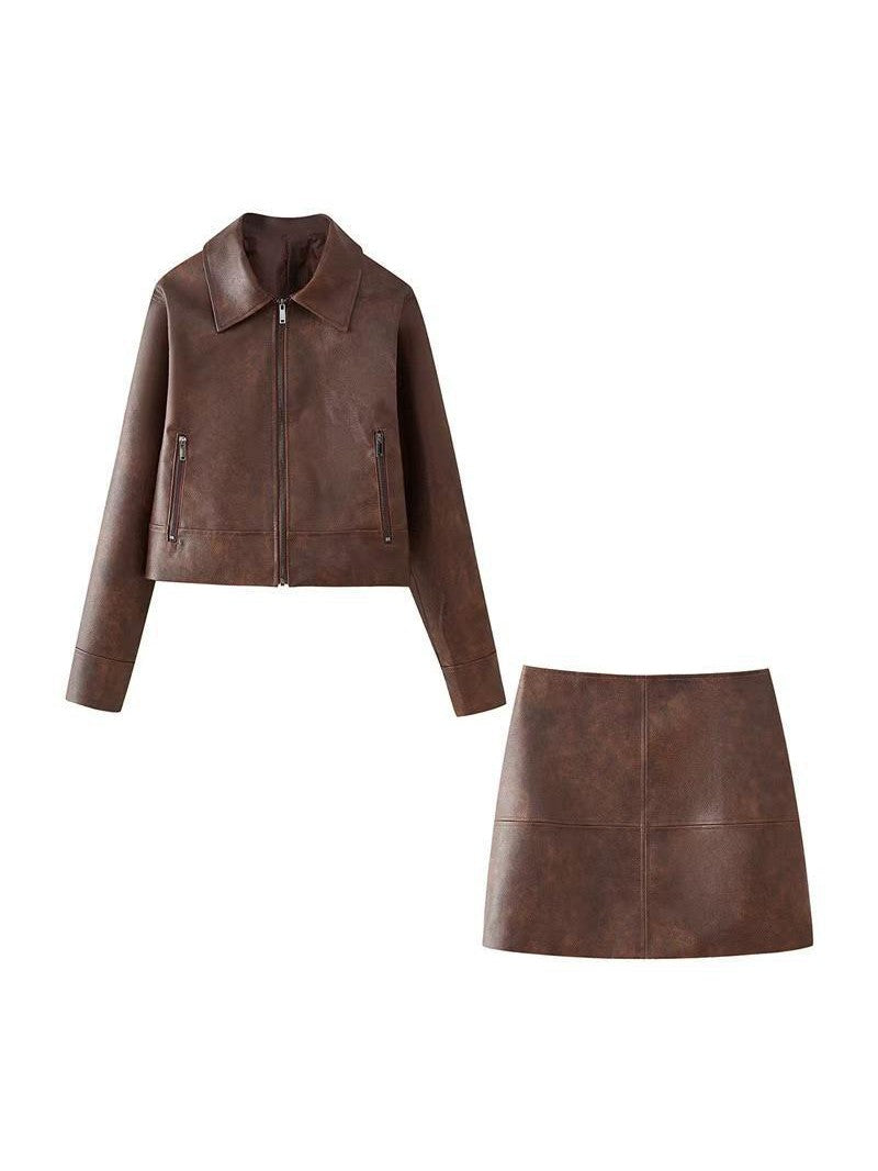 Leather Jacket Short Skirt Set Women