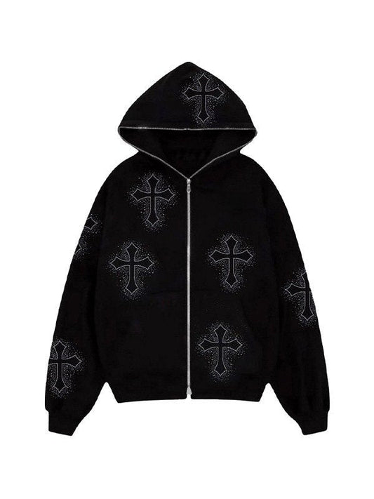 Stylische Damenhoodie Mit Reißverschluss Glitzer Kreuz - IdealeKleiden