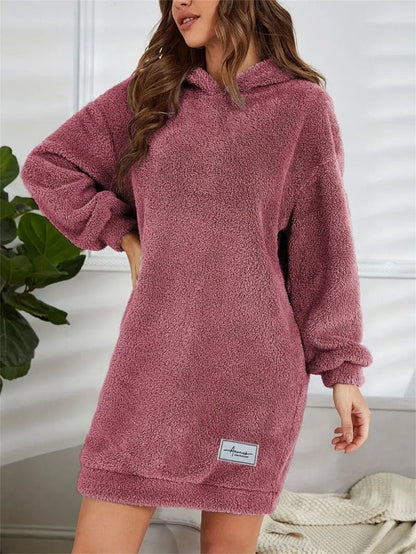 Oversized Teddy Hoodie Dress → Loose Teddy Dress Hoodie Oversize