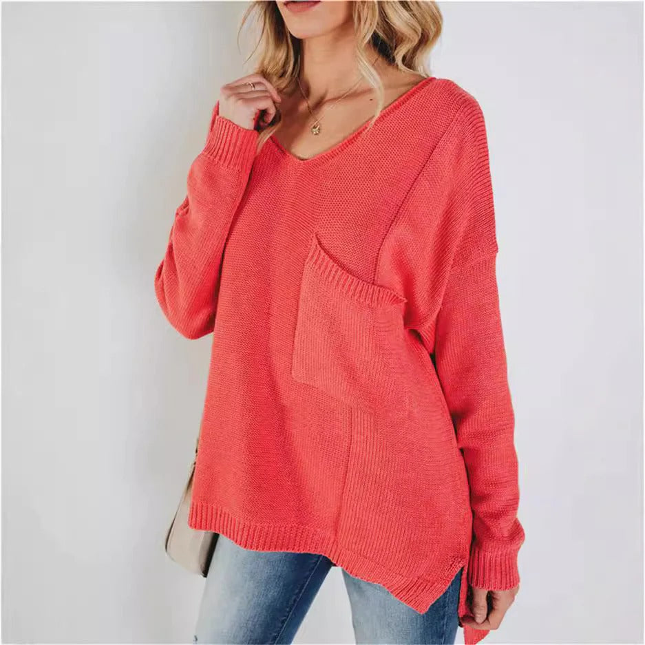 Große Strickpullover Damen V-Ausschnitt Mit Brusttasche
