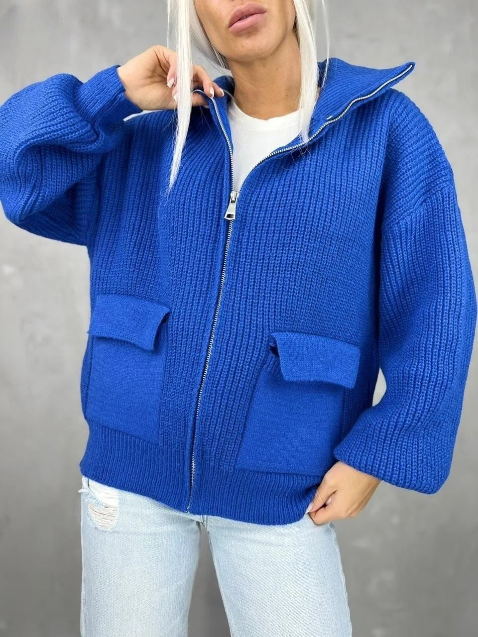 Gemütlicher Cardigan Gestrickt Wolle Rippenoptik - IdealeKleiden