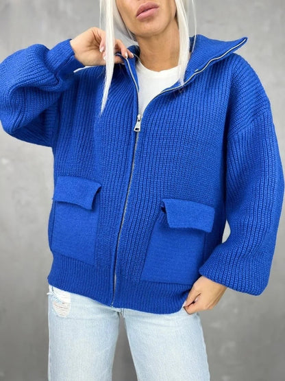 Strickjacke Lockere Passform Rippmuster Reißverschluss - IdealeKleiden