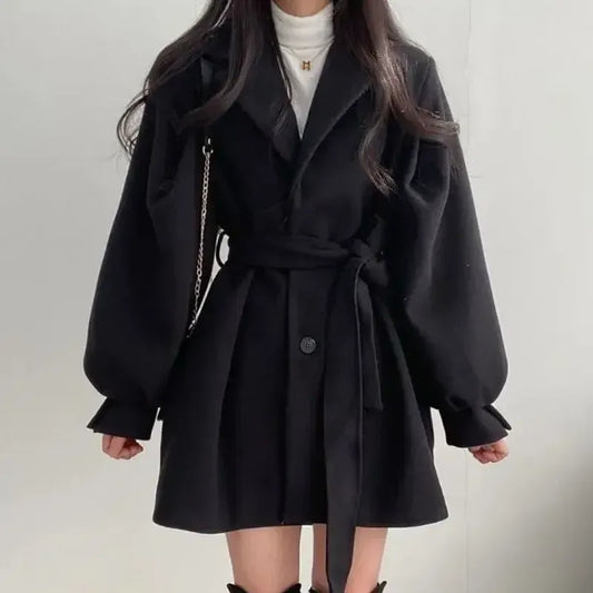 Damen Trenchcoat Wollmix Gürtel Mittellang - IdealeKleiden