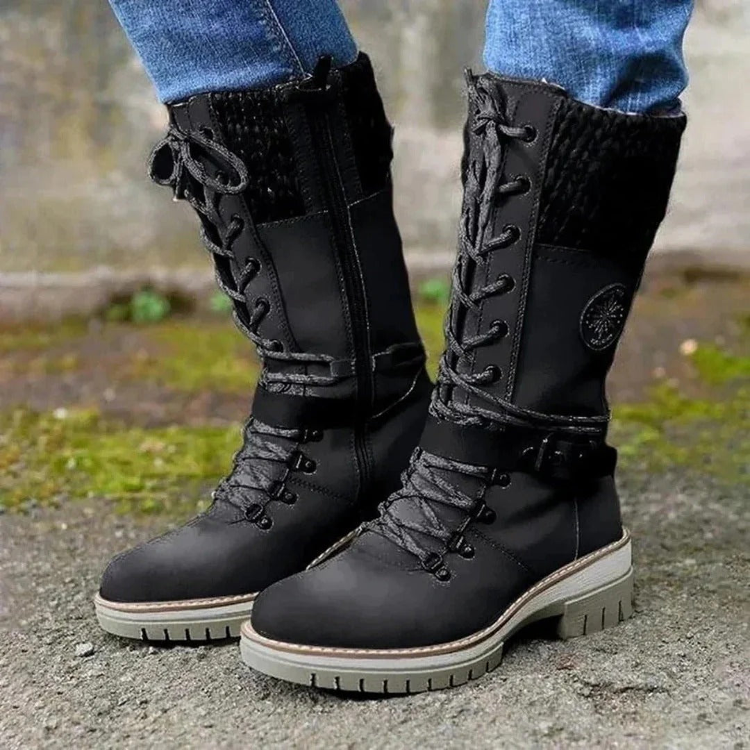 Knee-High Boots Women Lacing Wool Cuff
