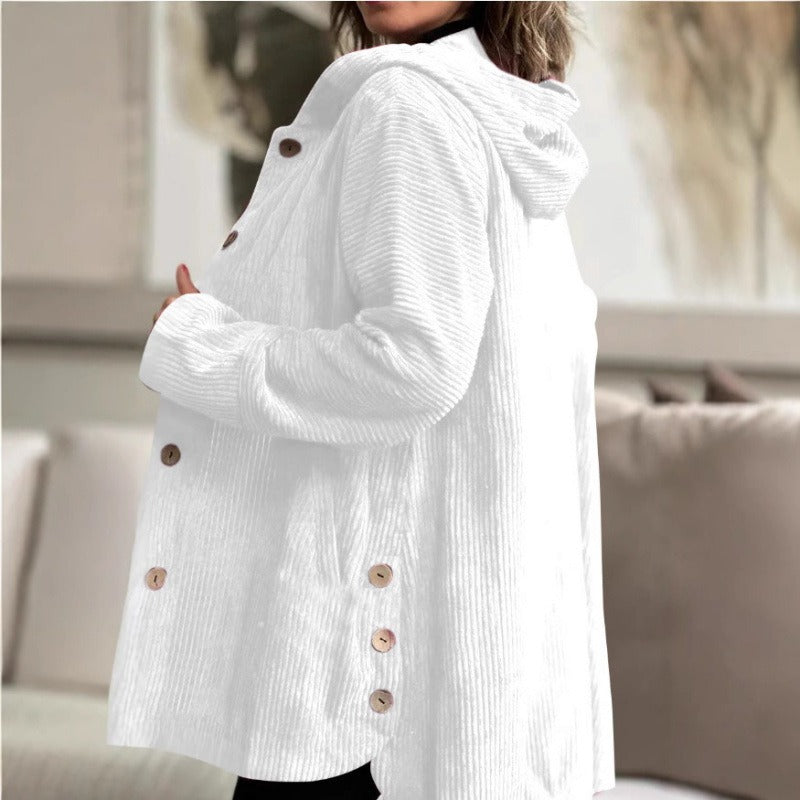 Classic Corduroy Dress Casual Hood Buttons Knee-length