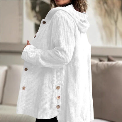 Classic Corduroy Dress Casual Hood Buttons Knee-length