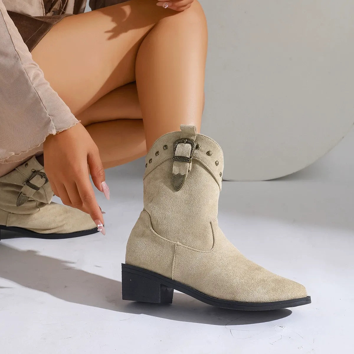 Stiefeletten Veloursleder Chic Bestickt Spitze Blockabsatz Schnalle - IdealeKleiden