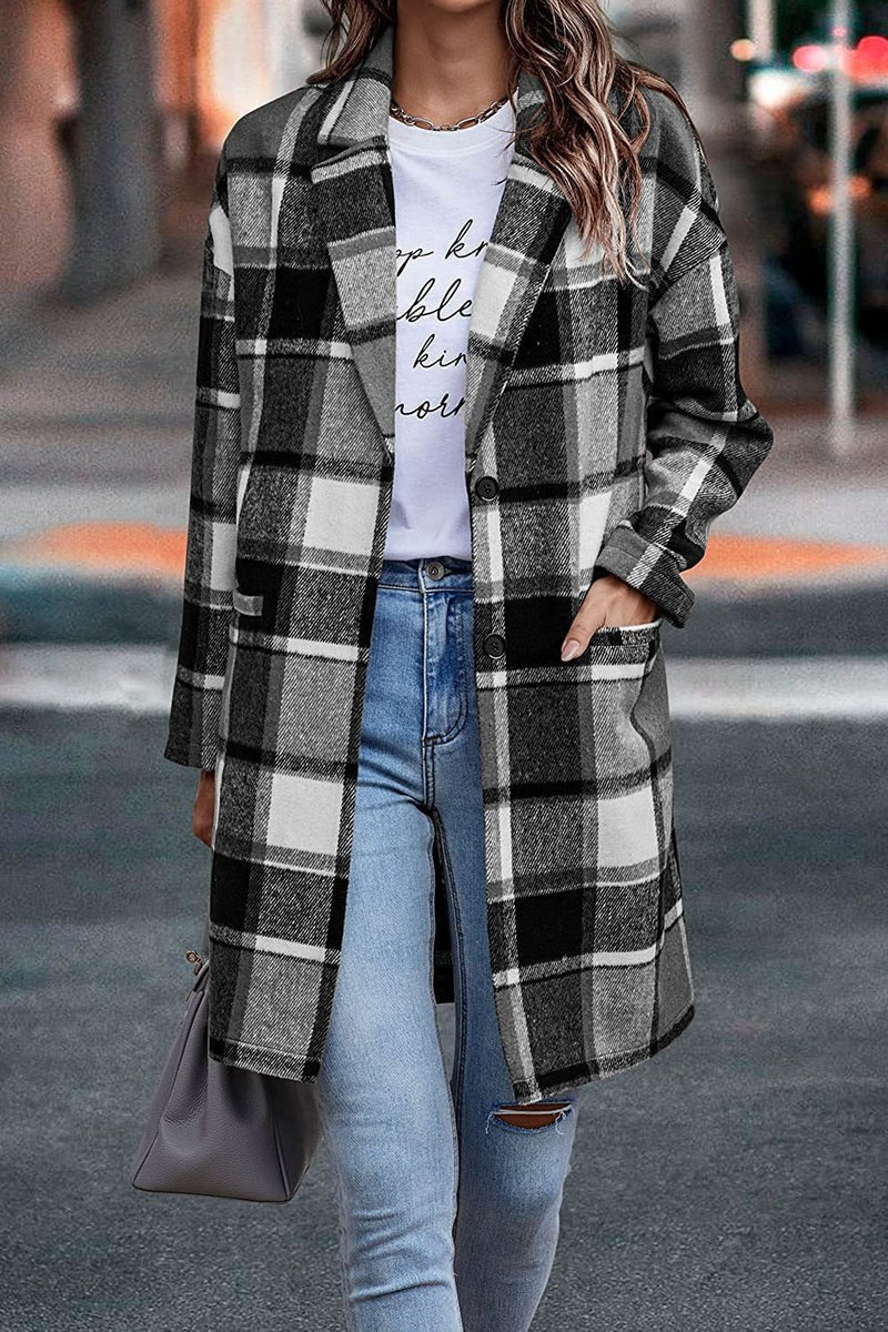 Large Women's Coat Wool Houndstooth Button Closure